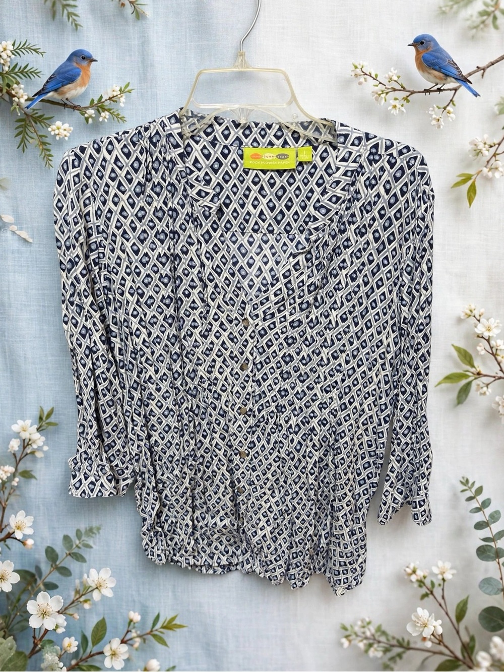 Women's Navy Diamond Print Blouse - Lightweight V-Neck Top